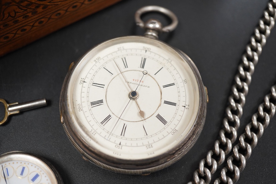 A late 19th century inlaid box containing a gentleman’s silver chronograph pocket watch, the dial numbered 41716, hallmarked for Chester 1878, a ladies Continental 935 grade silver pocket watch with enamel dial and a sil